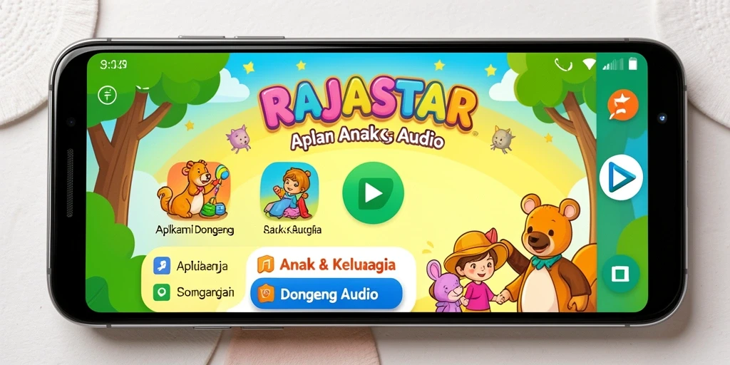 Tampilan antarmuka RAJASTAR dengan pilihan dongeng audio yang menarik.
