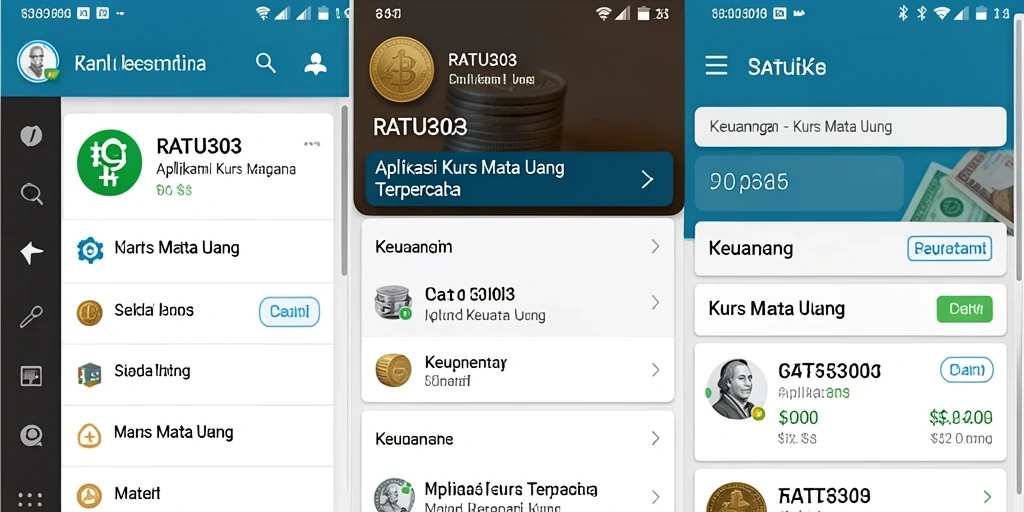Antarmuka aplikasi RATU303 yang menampilkan nilai tukar mata uang terkini.